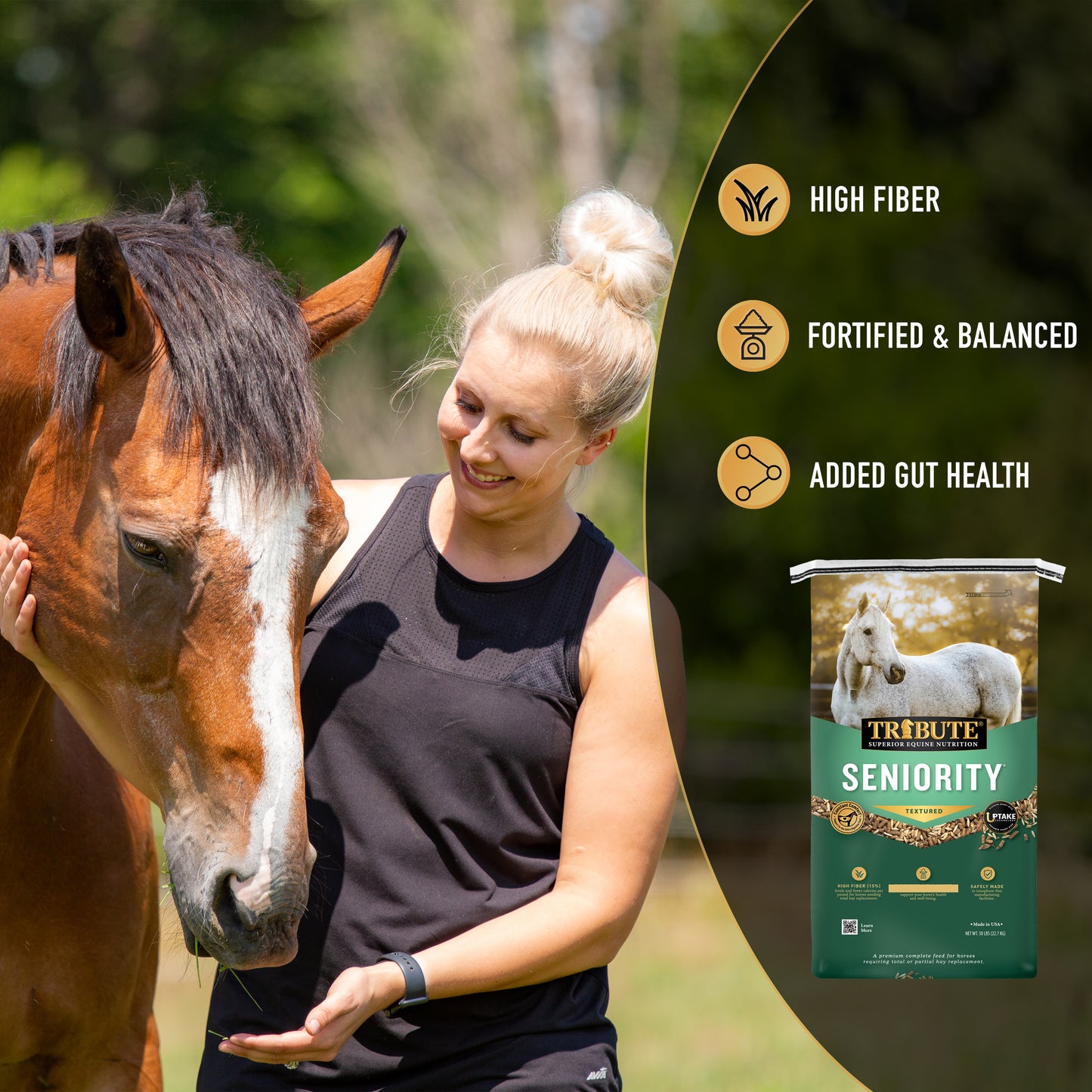 Woman petting a horse with a 'Tribute Seniority' feed bag