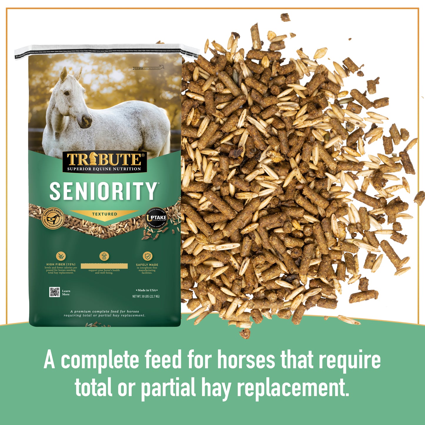 Tribute Seniority horse feed packaging with feed