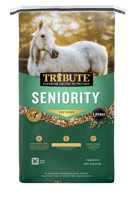 Tribute Seniority Textured horse feed bag with a horse on a green background
